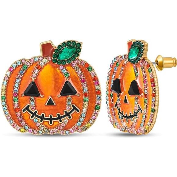 WOWORAMA Halloween Pumpkin Stud Earrings | Smiling Face with Rhinestones. - Picture 2 of 5